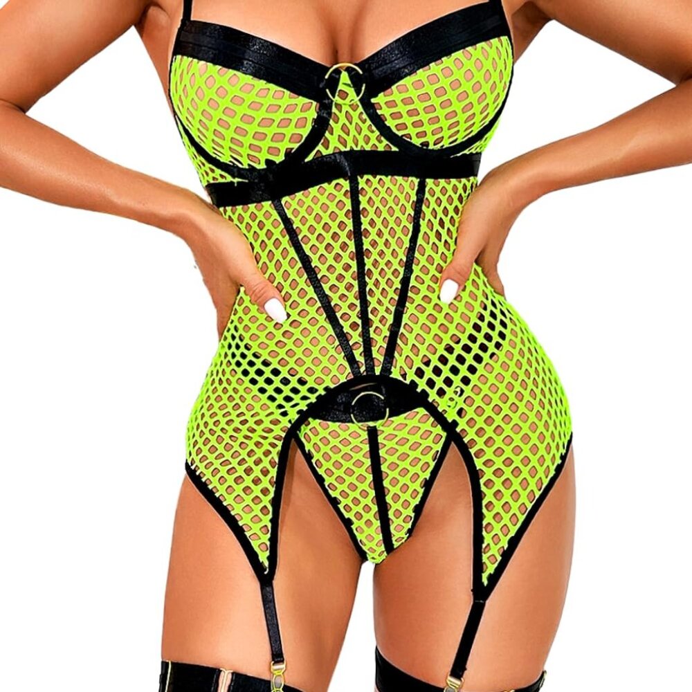 Kaei & Shi Rave Outfits Fishnet, Exotic Strappy Backless, Choker Garter Lingerie